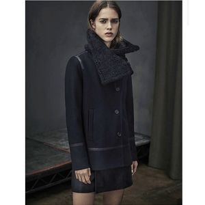 All Saints Okito Minimilist Wool Shearling Collar Pea Lamb Leather Coat